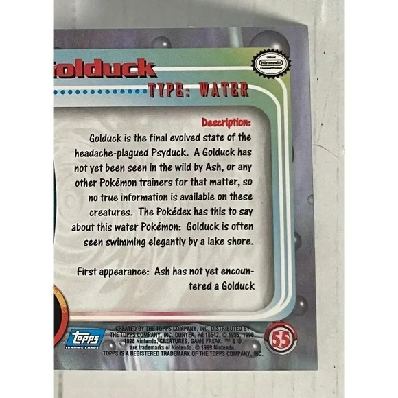 1999 Topps Golduck‎ #55 Pokemon Card TV Animation Edition Vintage LP - Picture 3 of 12